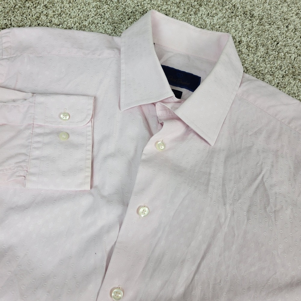 David Donahue Trim Mens 17-32/33 Solid Pink AOP Jacquard‎ Button Up LS